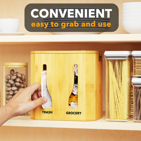 SpaceAid bamboo trash bag roll holder demonstrates roll capacity.