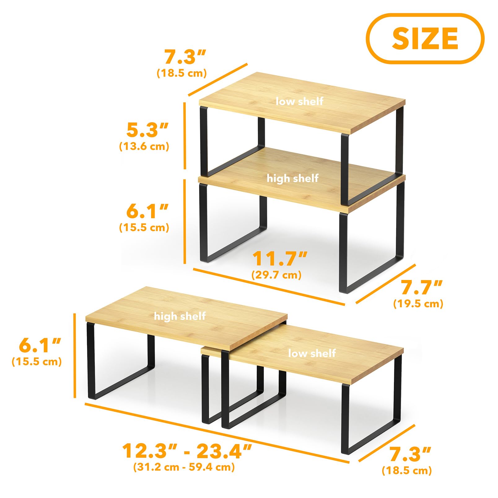 SpaceAid two-pack stackable shelves demonstrate flexible configurations for counters.