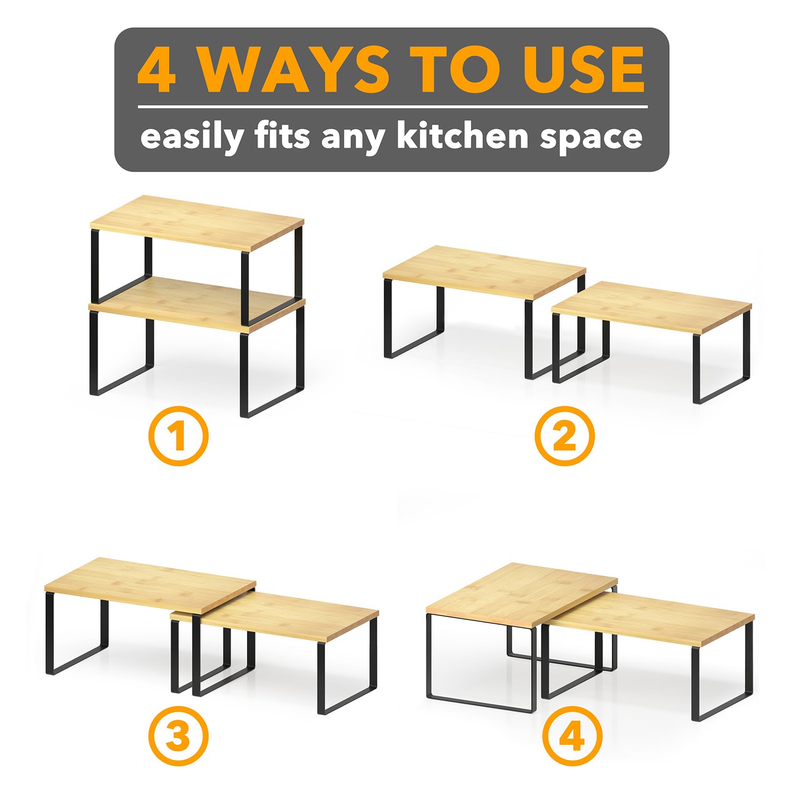SpaceAid two-tone bamboo and metal shelves add decorative, functional touch.