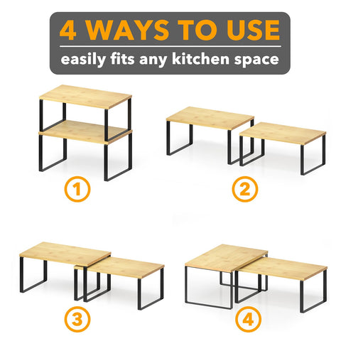 SpaceAid two-tone bamboo and metal shelves add decorative, functional touch.