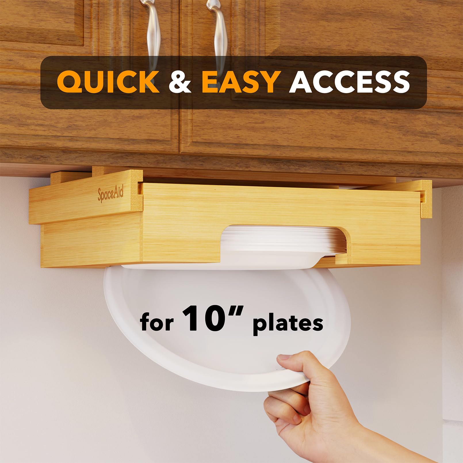 SpaceAid detachable top rack for easy refills and quick one-plate dispensing.