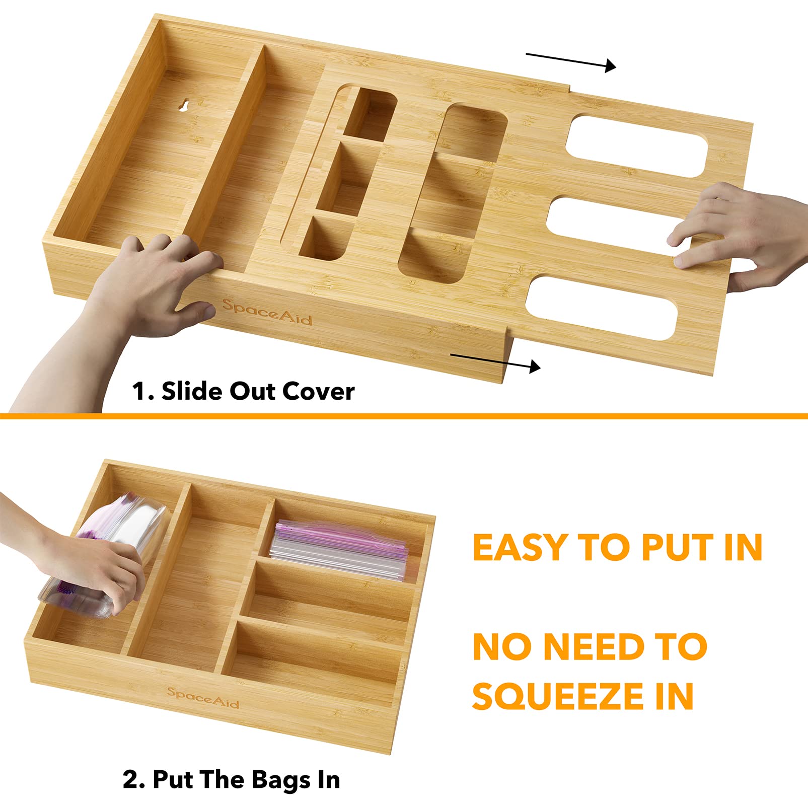 SpaceAid drawer bamboo organizer in use keeps drawers tidy and products easy to grab.