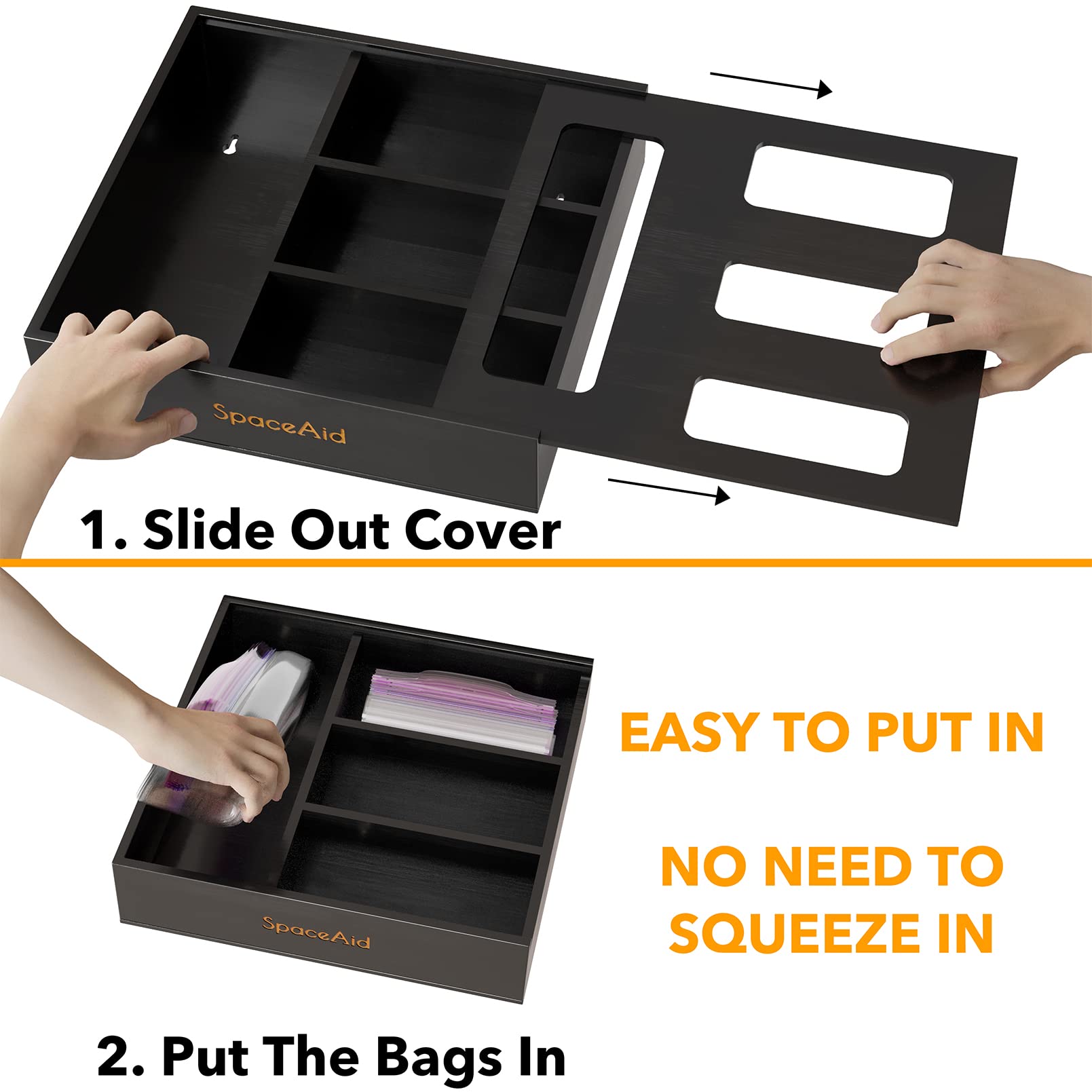 SpaceAid compact dimensions fit most drawers for tidy bag storage.