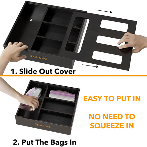 SpaceAid compact dimensions fit most drawers for tidy bag storage.