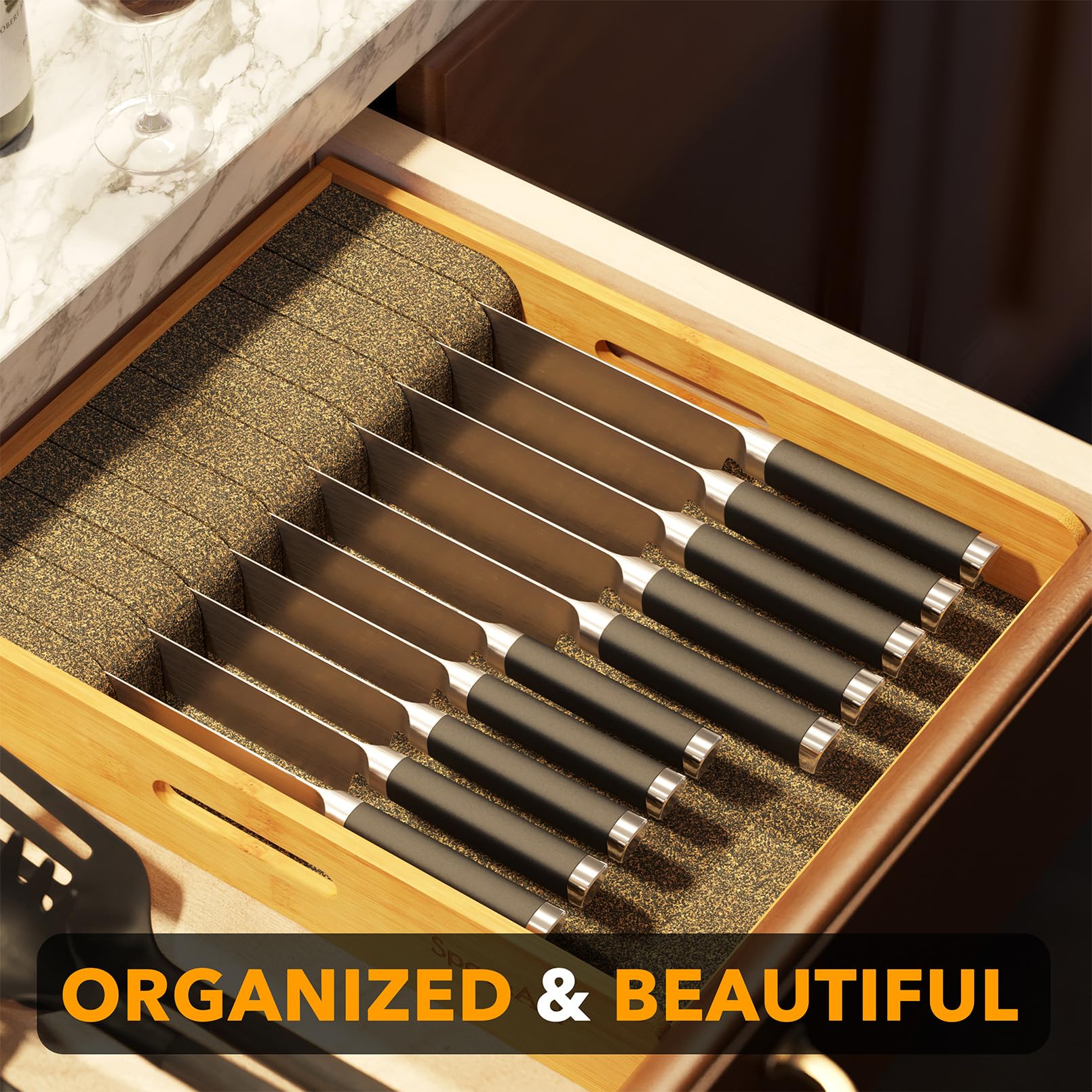SpaceAid large organizer in a drawer demonstrating 2.5 inch height for compact storage.