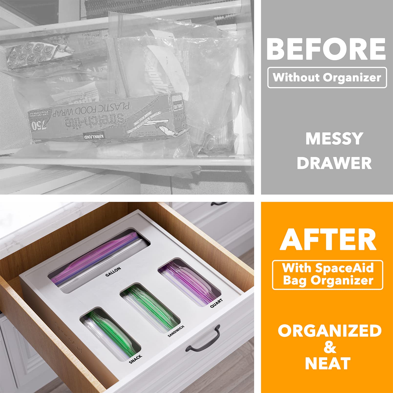 SpaceAid 4-slot bamboo drawer organizer for easy bag organization.