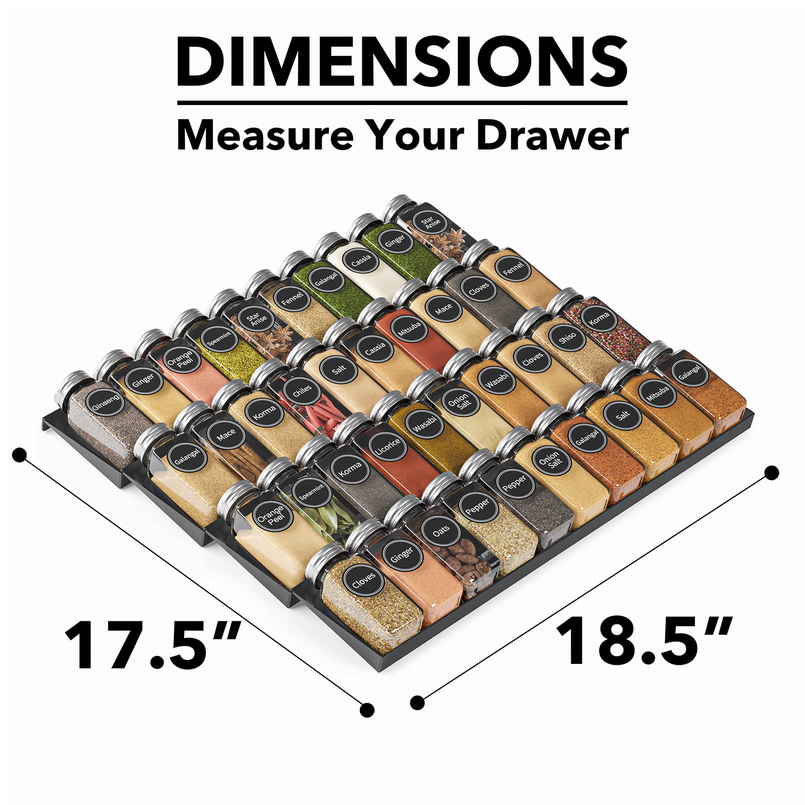 SpaceAid drawer rack assembly; sturdy steel frame supports a wide spice collection.