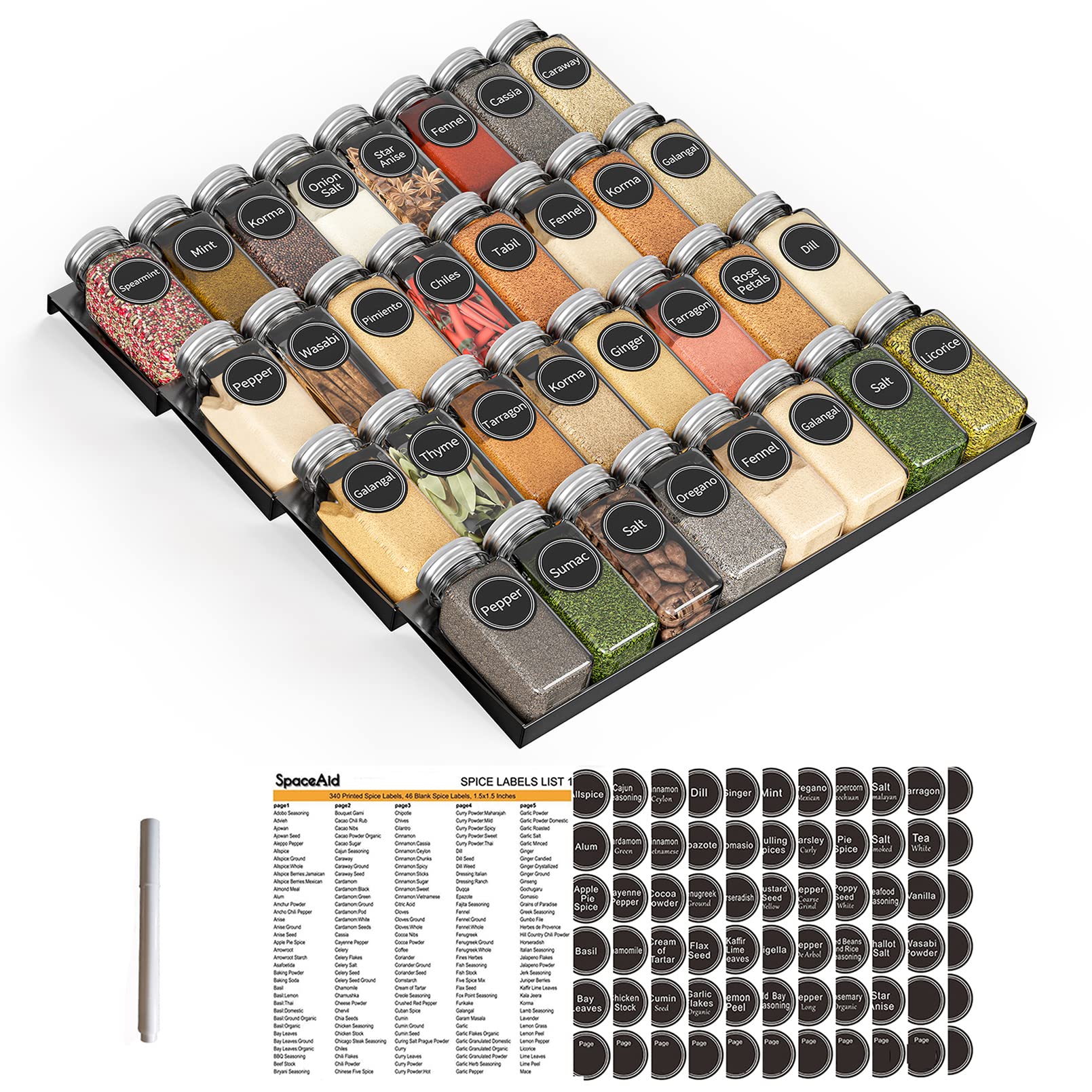 SpaceAid four-tier drawer spice rack keeps jars organized for quick cooking.