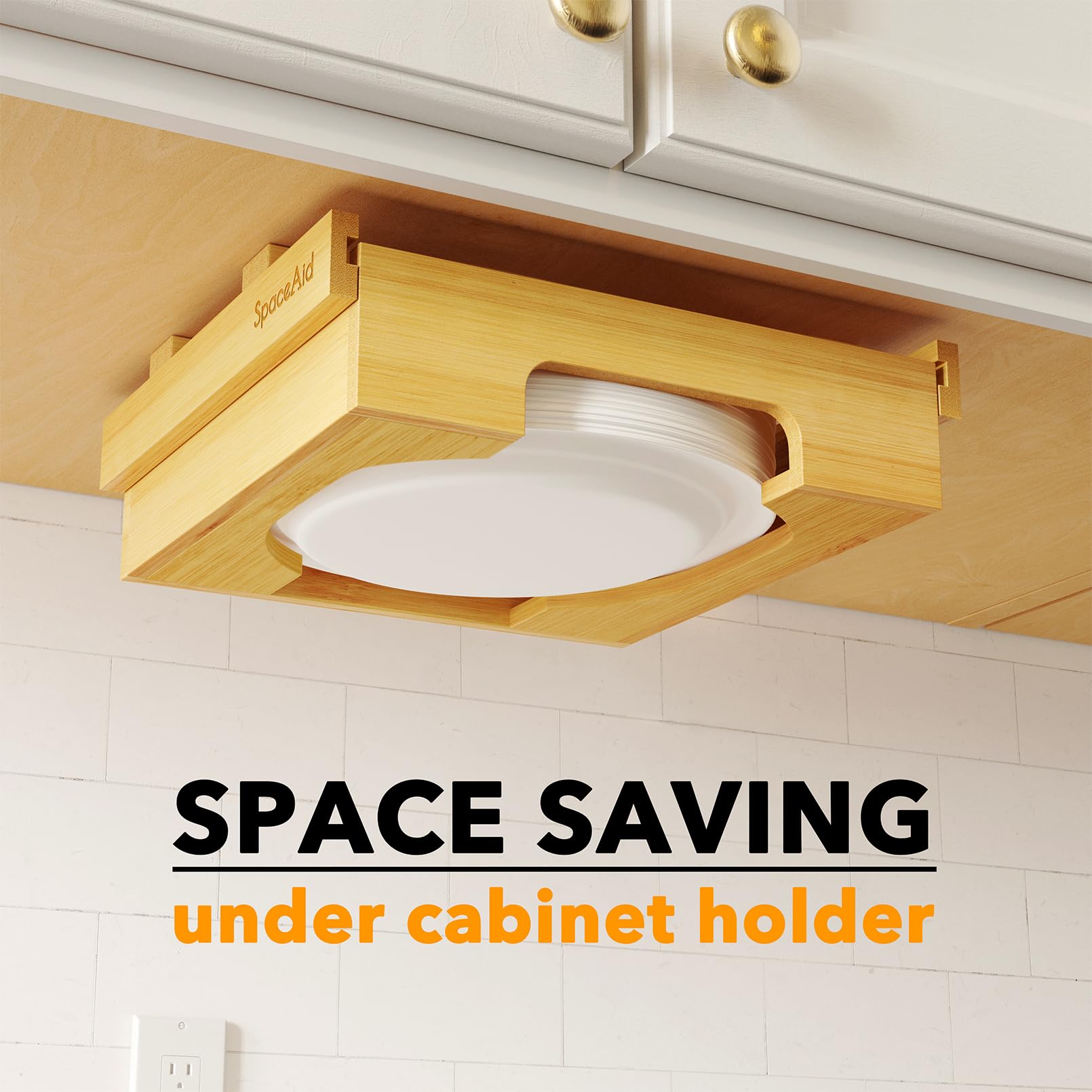 SpaceAid adhesive mount option allows tool-free installation under cabinet.