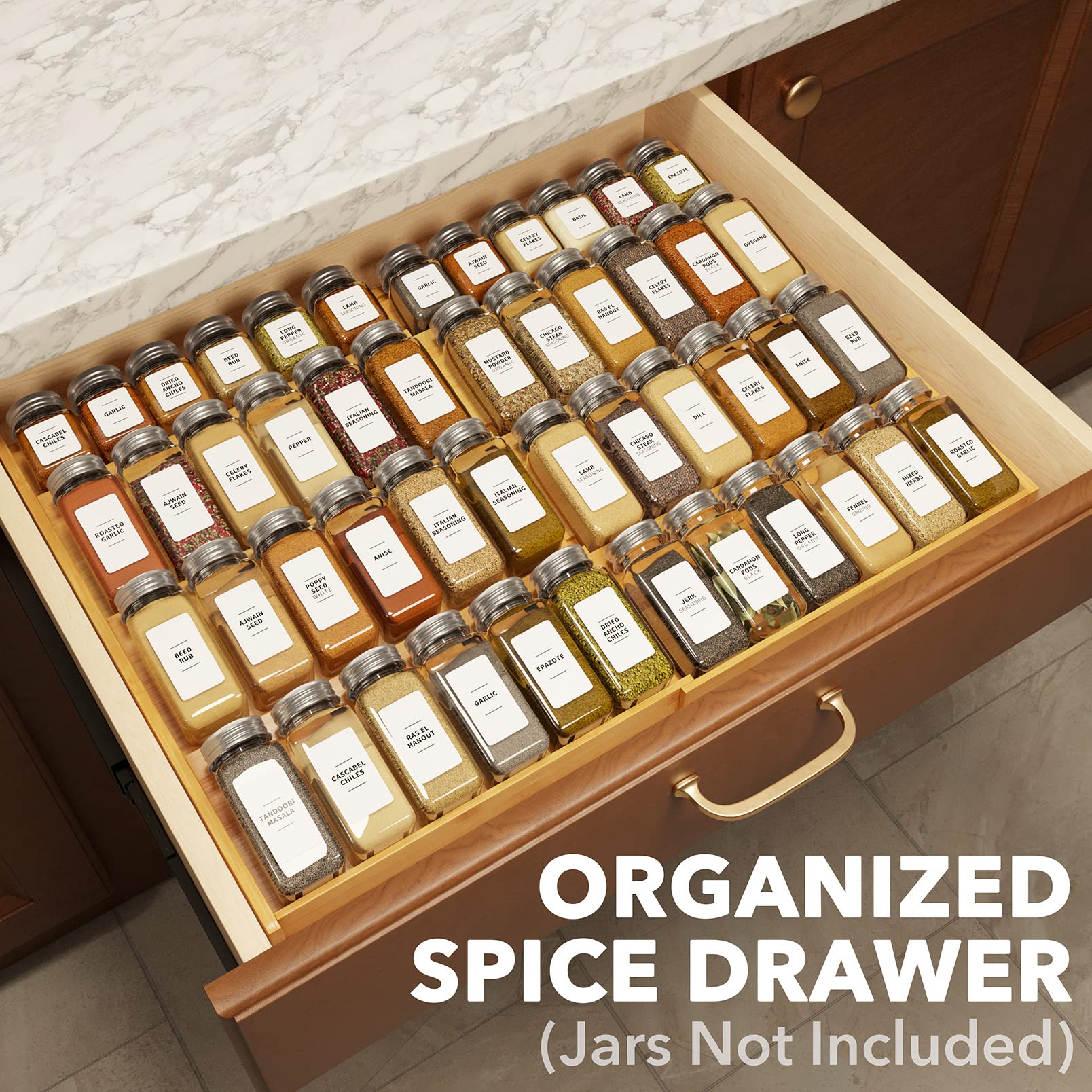 SpaceAid expandable spice rack shows a 12 to 23 inch width for versatile drawer fits.