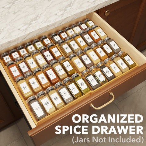 SpaceAid expandable spice rack shows a 12 to 23 inch width for versatile drawer fits.