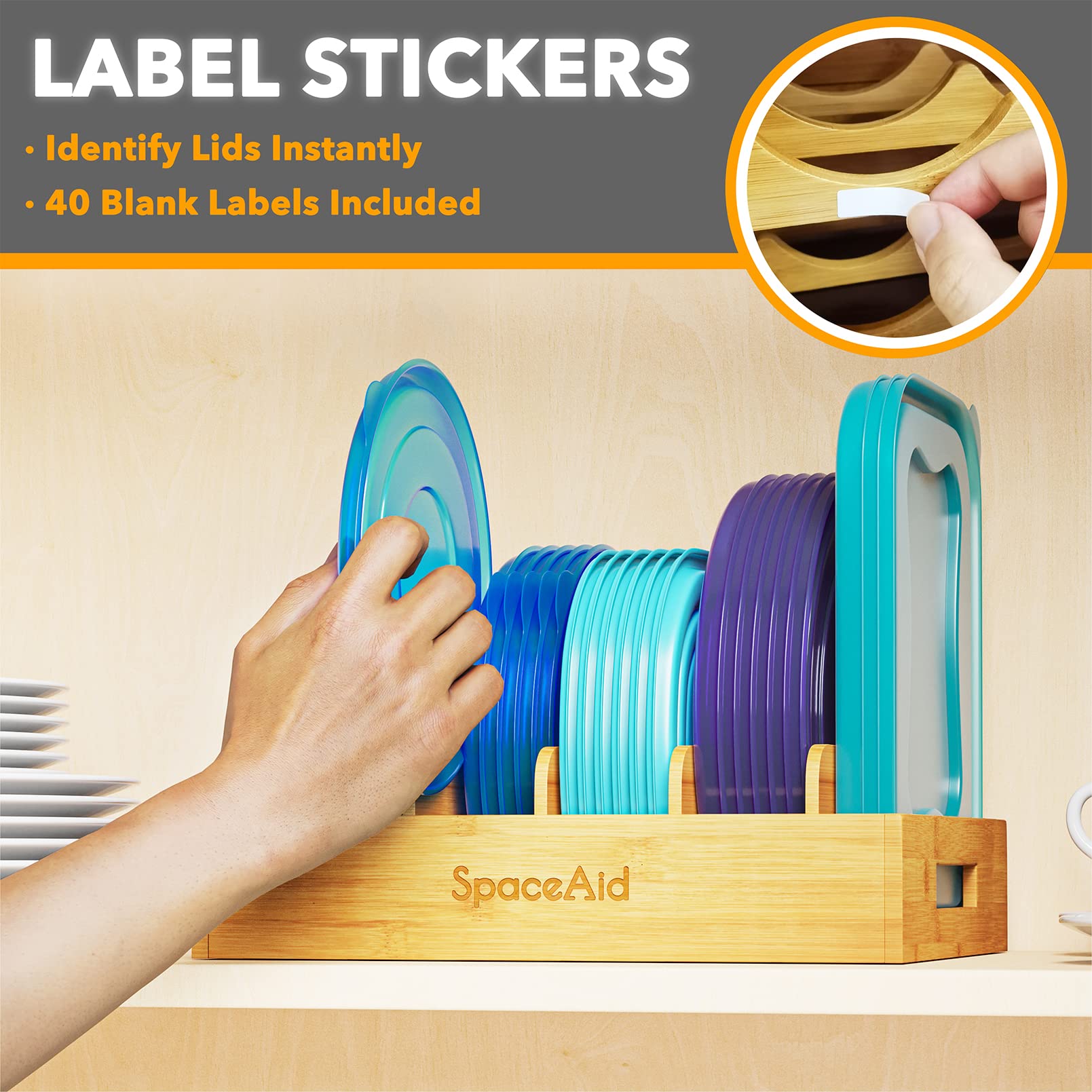 SpaceAid five adjustable dividers create tailored compartments for lids.