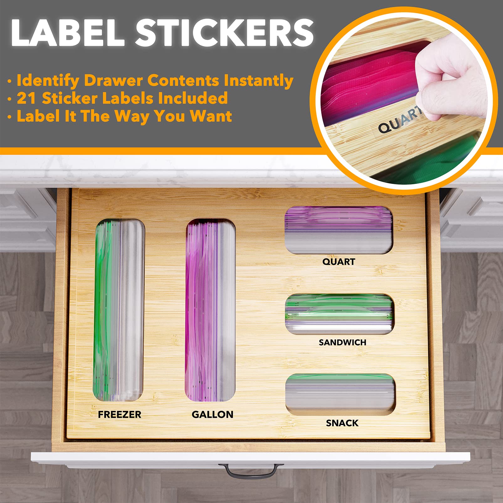 SpaceAid five-slot bamboo organizer fits various bag sizes for versatile storage.