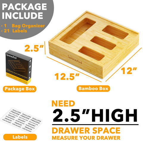 SpaceAid fits gallon quart sandwich and snack bags without crowding drawers.