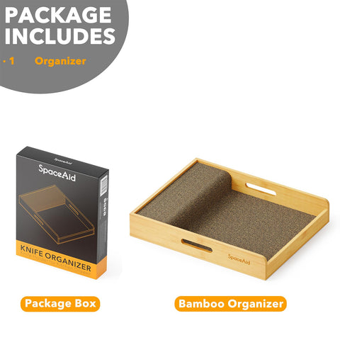 SpaceAid kitchen drawer organization shown, maximizing space and keeping blades safe.