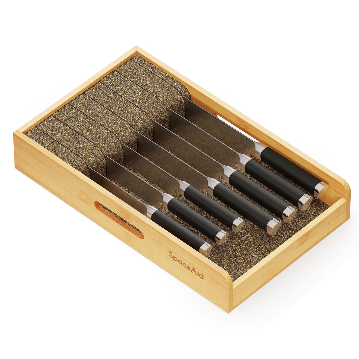 SpaceAid knife drawer organizer in bamboo keeps knives neatly aligned for easy access.