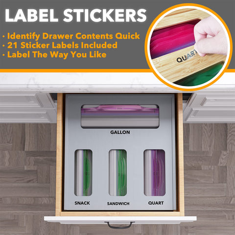 SpaceAid bamboo box features 21 label stickers to identify contents quickly.