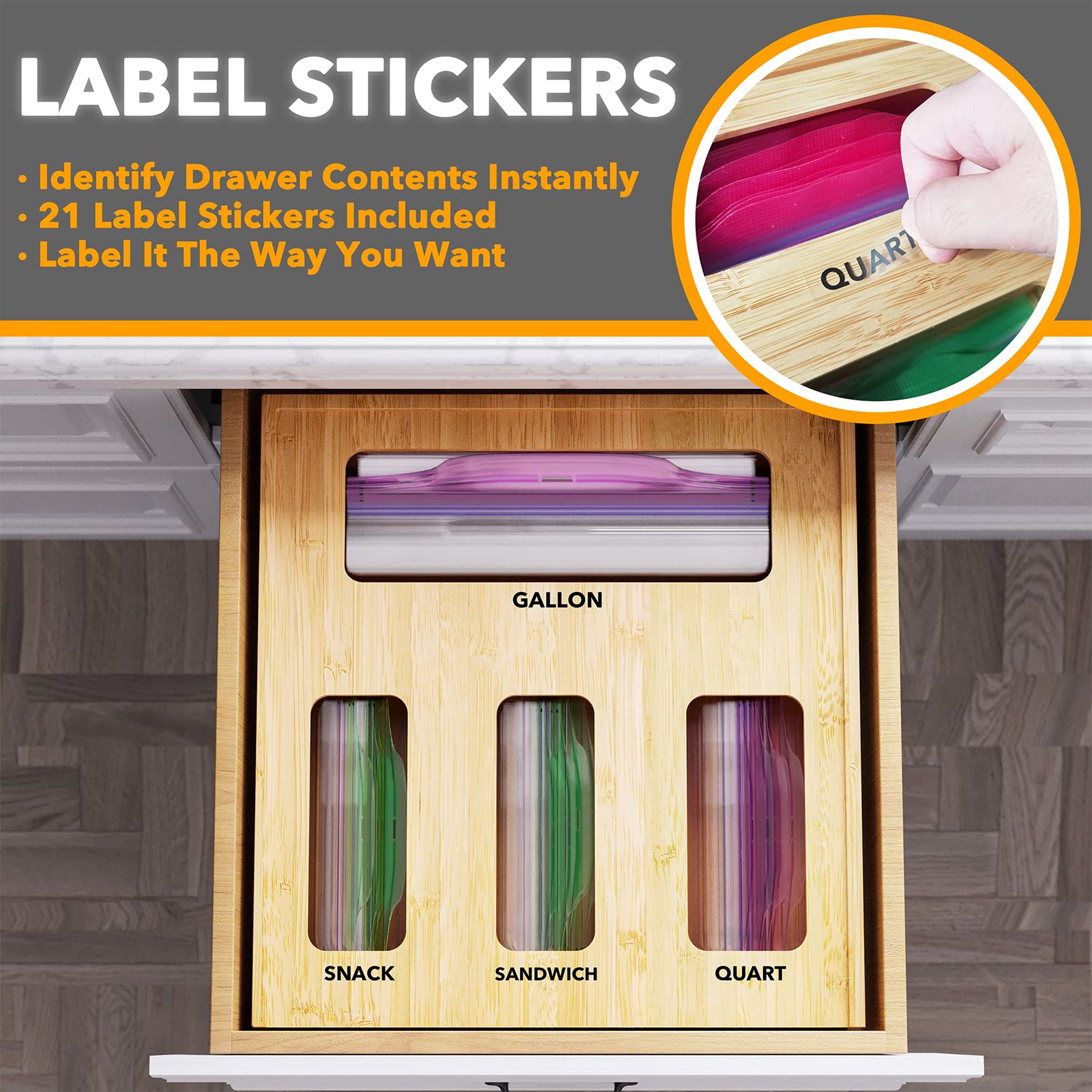 SpaceAid bamboo box includes 21 label stickers for quick identification.