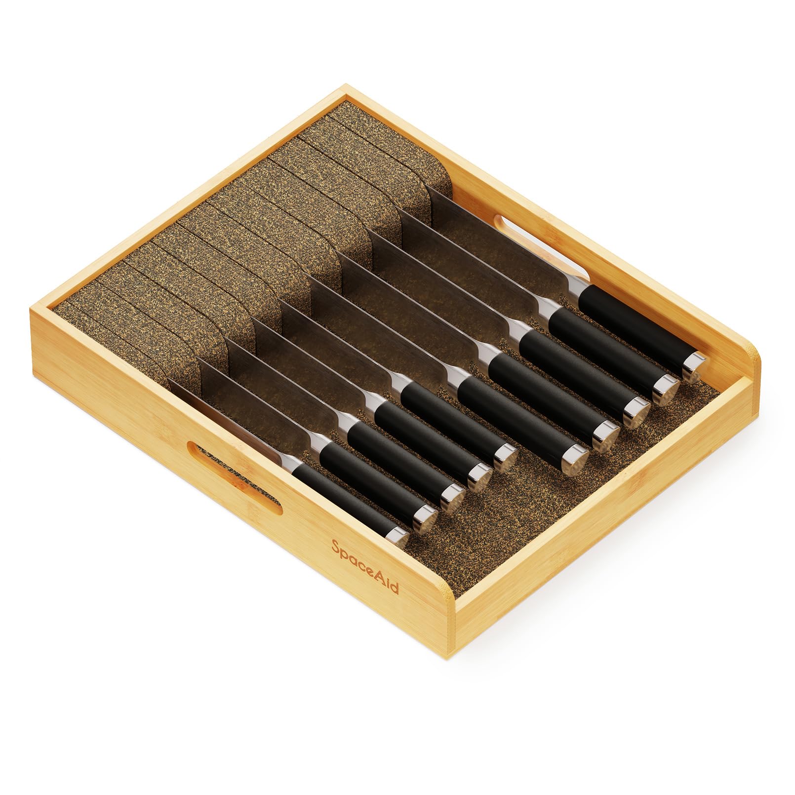 SpaceAid large knife drawer organizer in bamboo, neatly arranged knives for easy access.