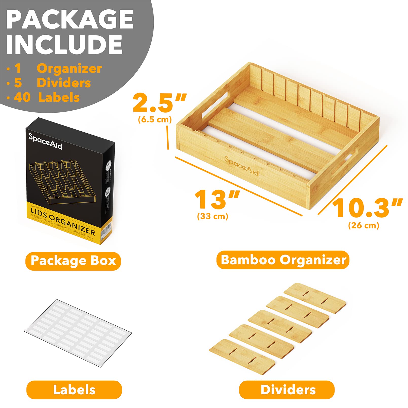 SpaceAid lid storage in cabinet keeps lids upright and easy to grab.
