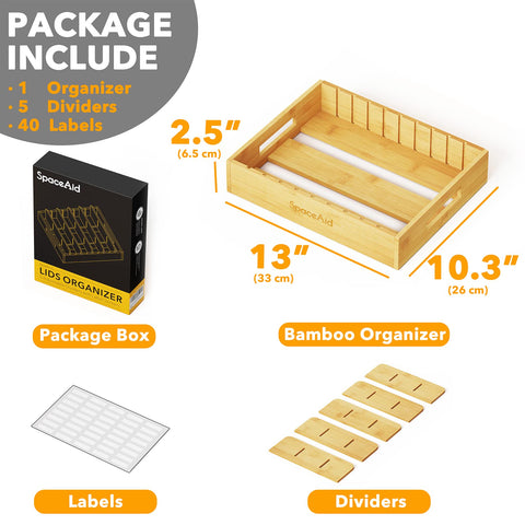 SpaceAid lid storage in cabinet keeps lids upright and easy to grab.