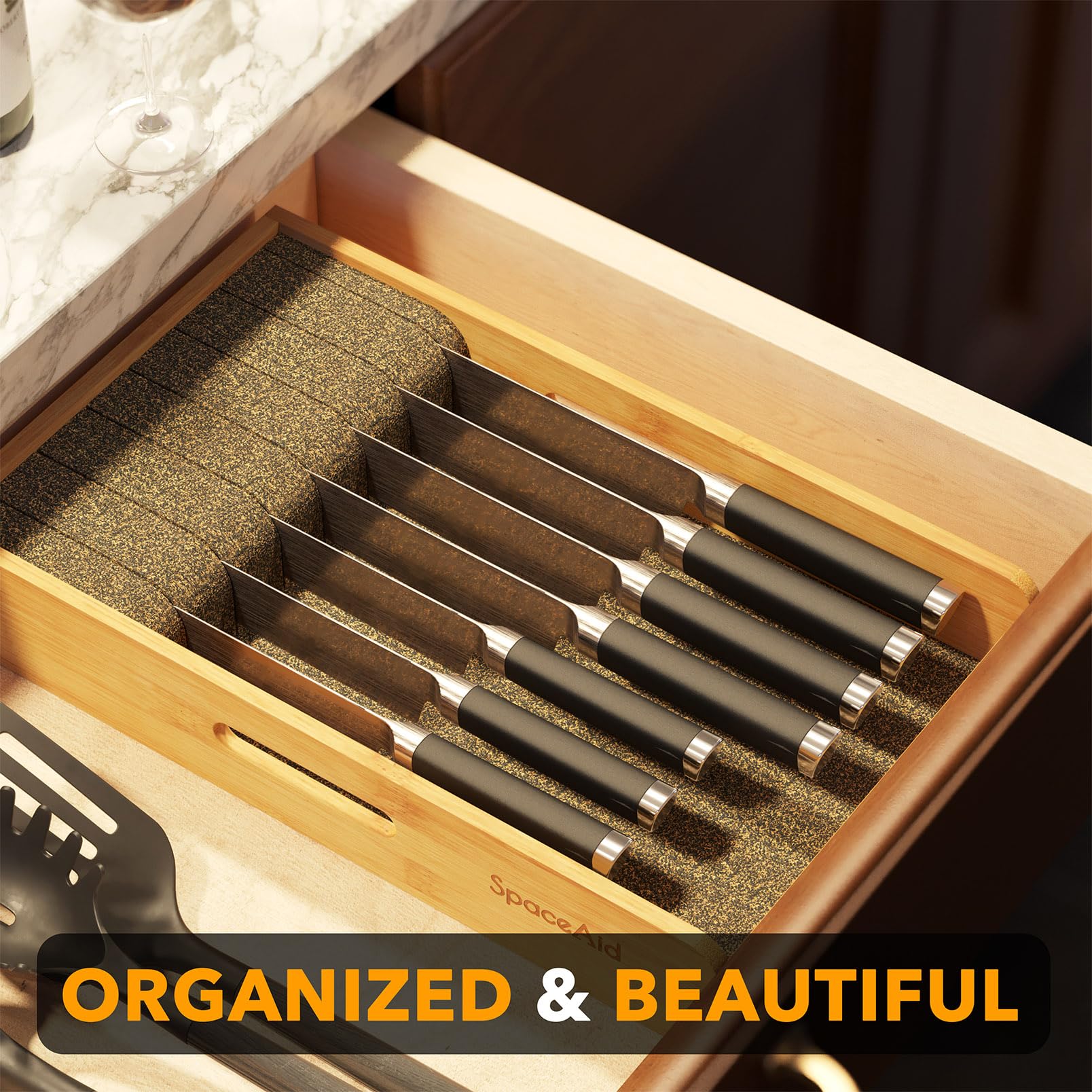 SpaceAid in-drawer knife divider keeps cutlery neatly separated and accessible.