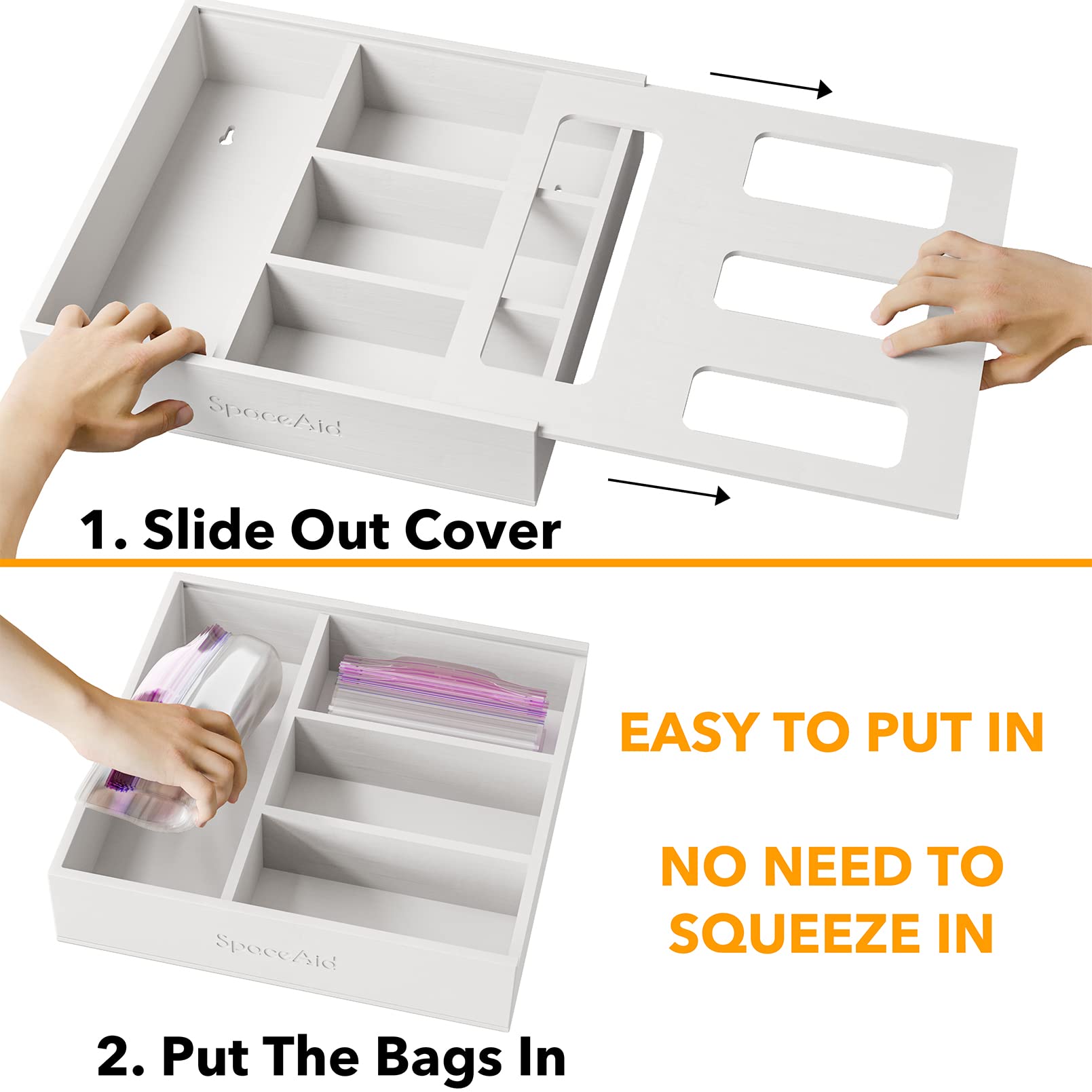 SpaceAid patent-pending bamboo bag holder in a tidy kitchen drawer.