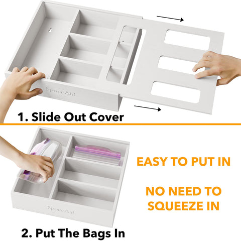SpaceAid patent-pending bamboo bag holder in a tidy kitchen drawer.