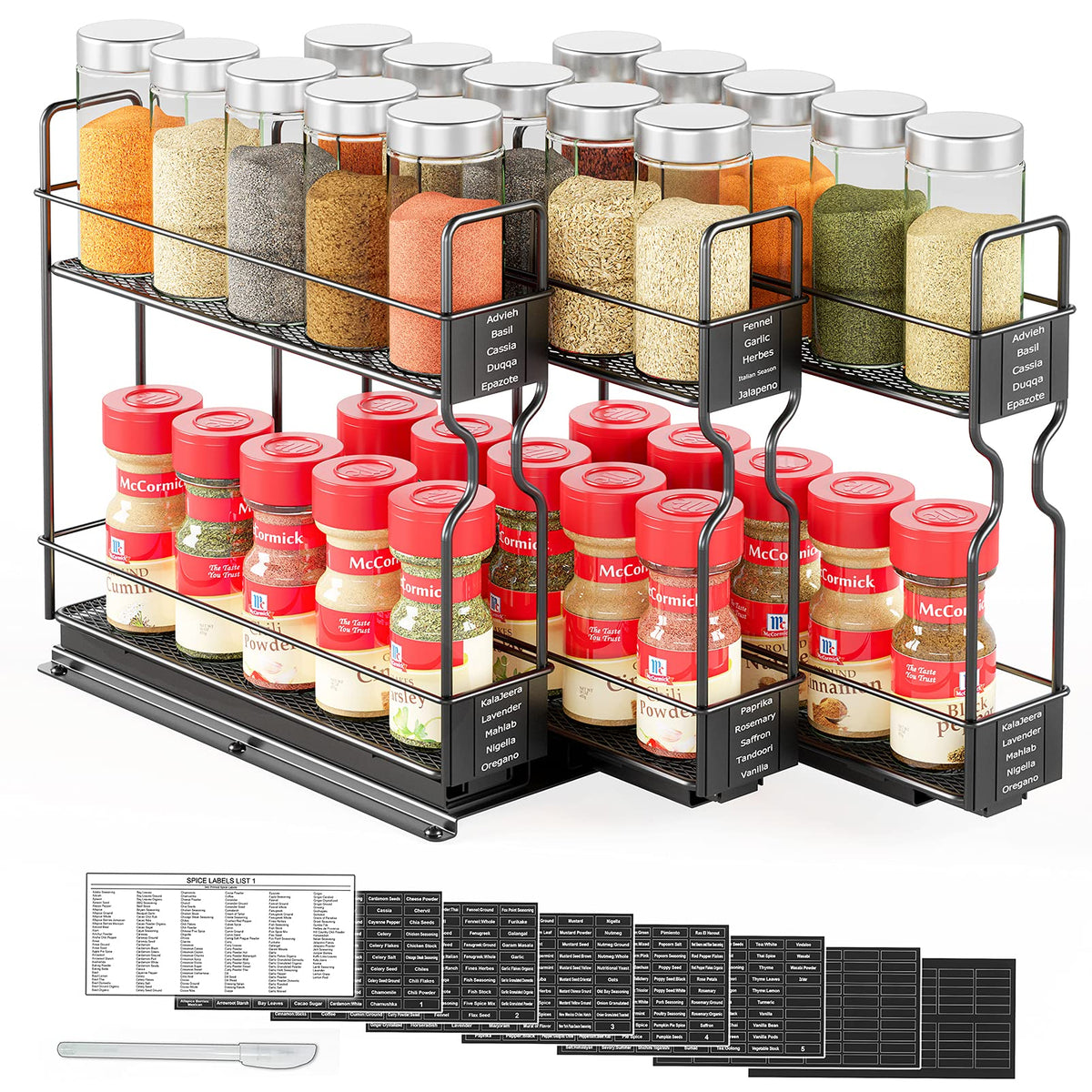 SpaceAid pull-out spice rack front view with labeled jars for quick access.