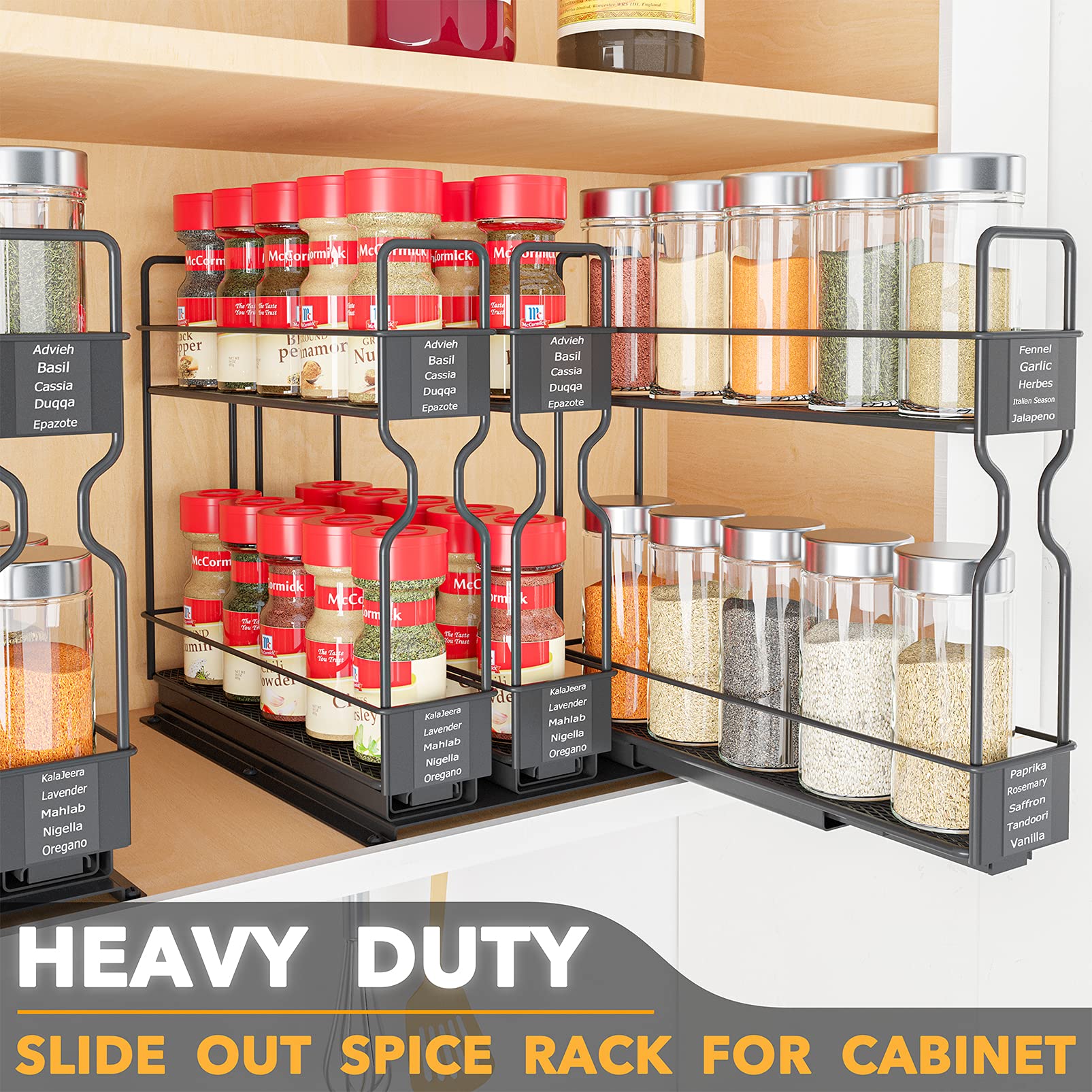 SpaceAid pull-out spice rack inside cabinet showing organized spice jars.