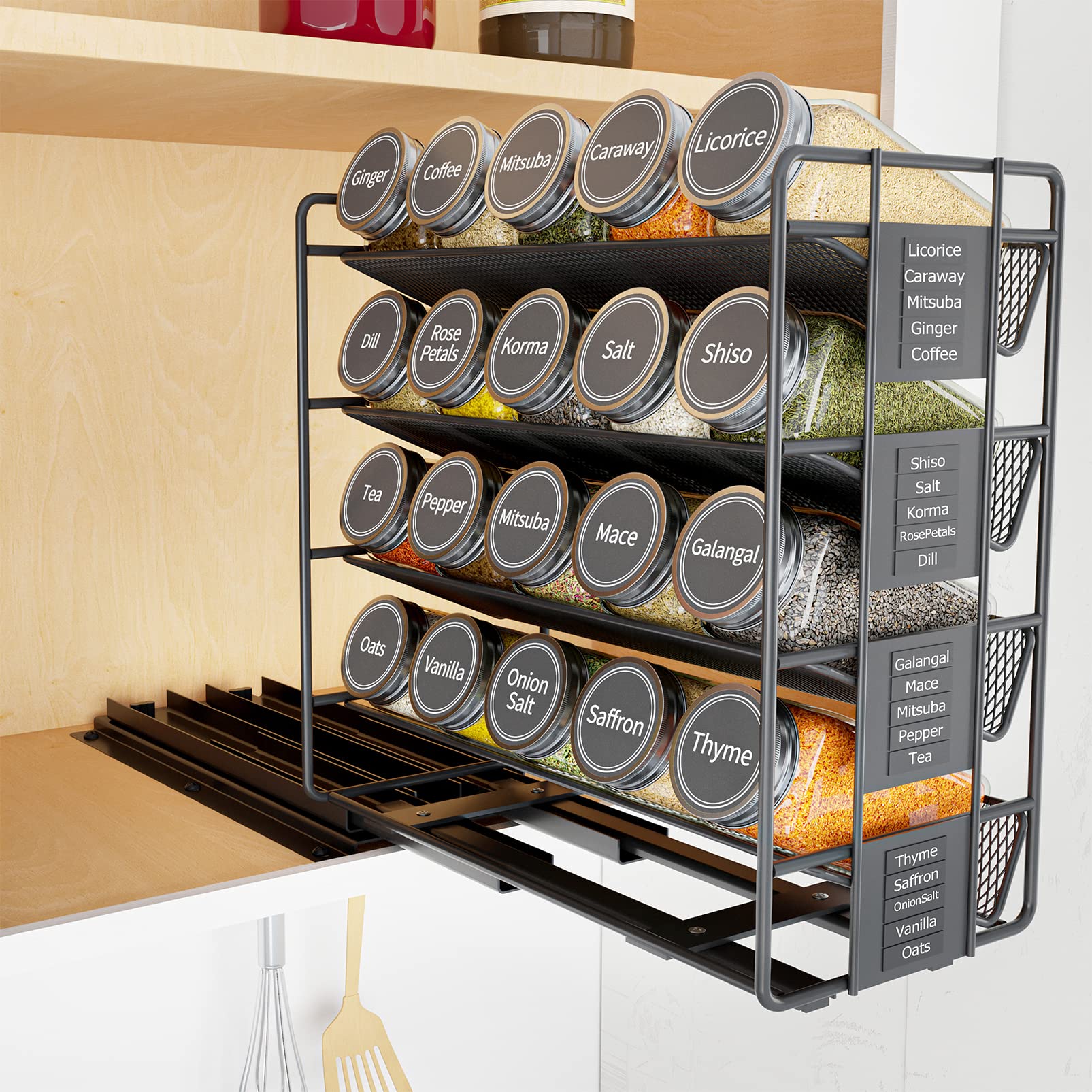 SpaceAid pull-out spice rack left-facing design for easy cabinet access.