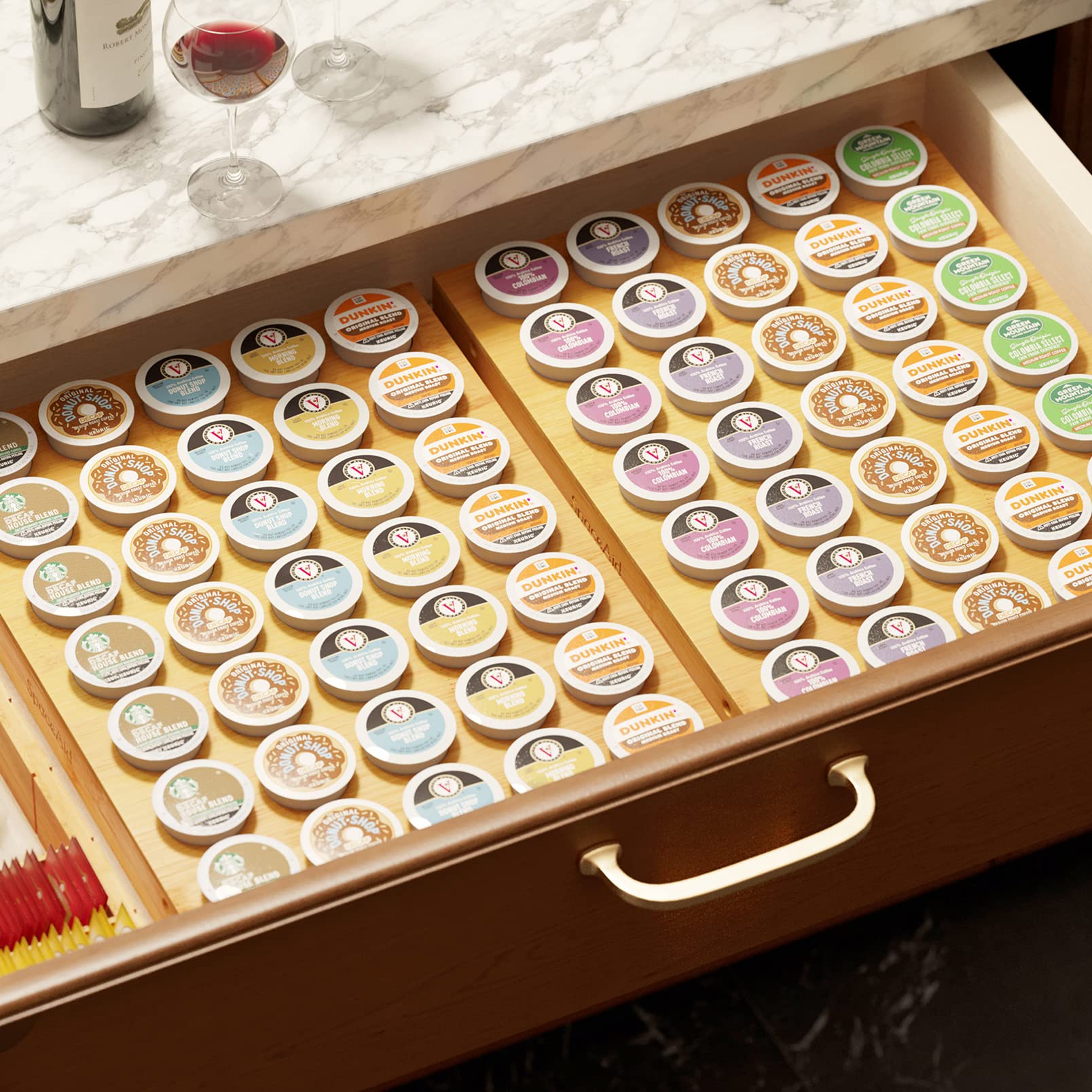 SpaceAid slim K-Cup organizer fits tight drawers for neat counters.