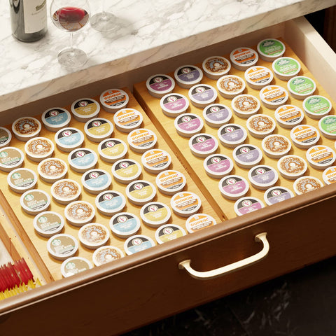 SpaceAid slim K-Cup organizer fits tight drawers for neat counters.