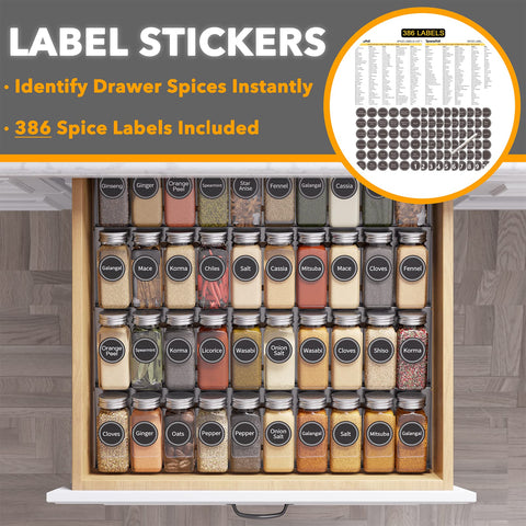 SpaceAid spice jars closeup; durable glass and airtight caps preserve aroma.