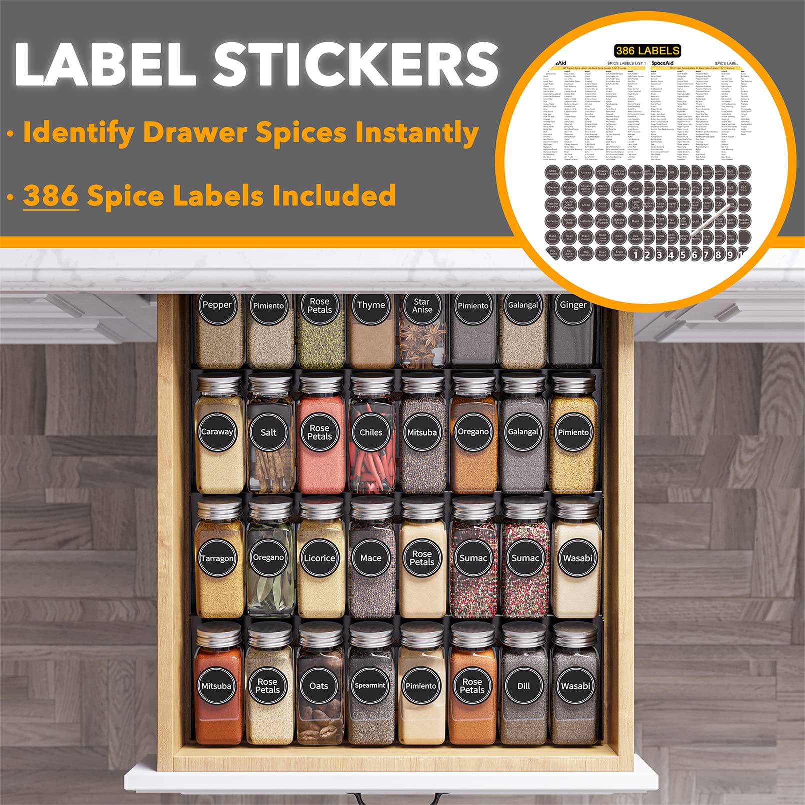 SpaceAid spice labels with preprinted and blank options simplify labeling.