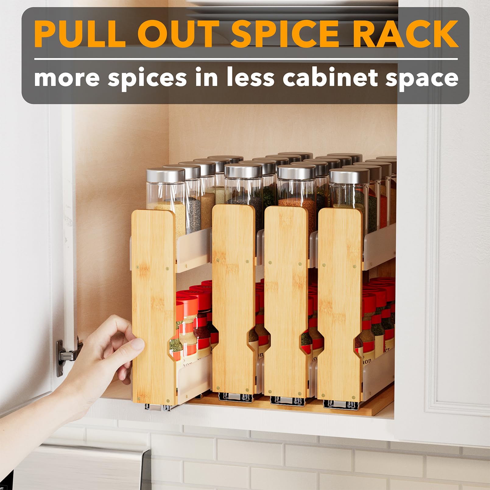SpaceAid two-tier four-drawer spice storage maximizes cabinet efficiency.