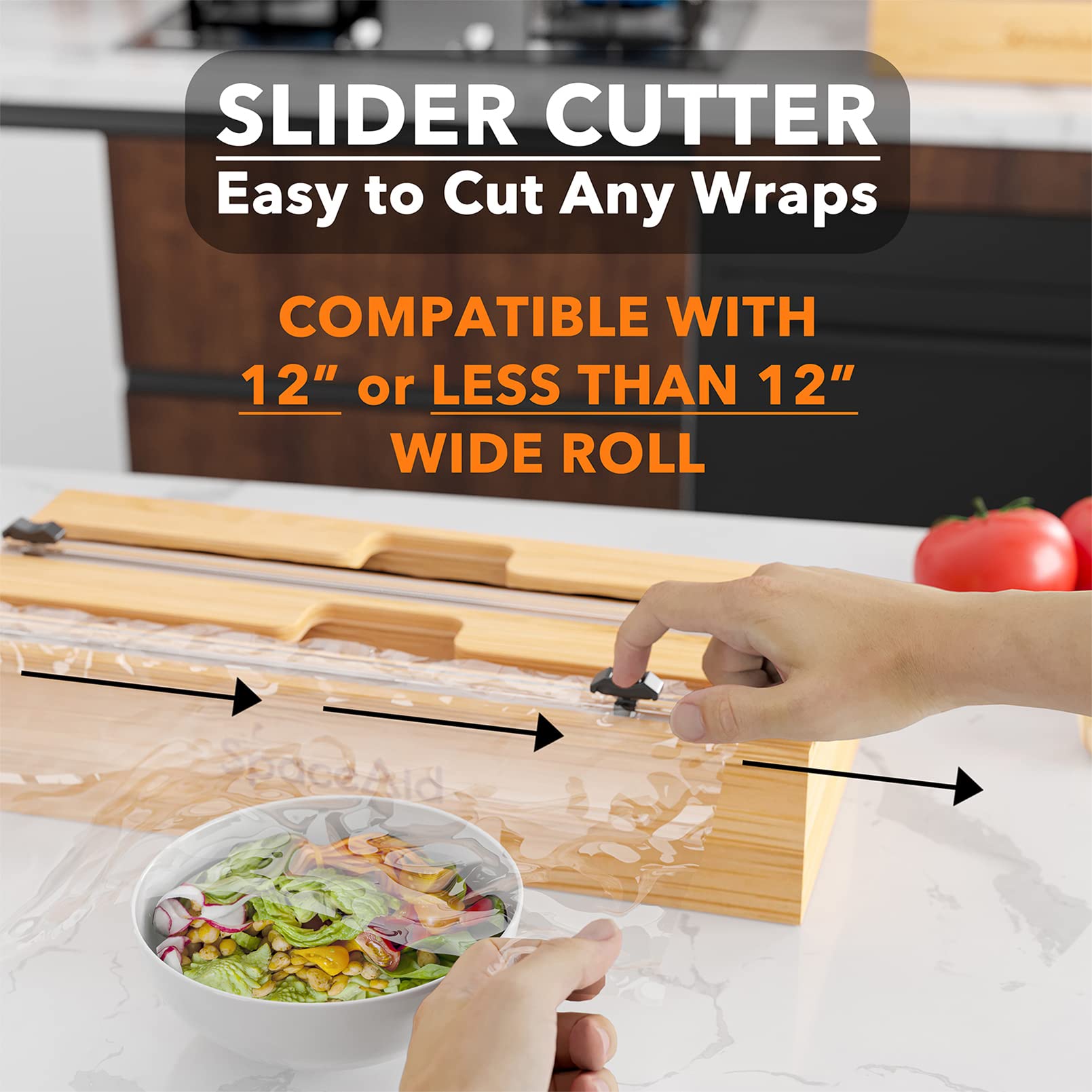 SpaceAid WrapNeat fits standard 12-inch rolls for plastic wrap, foil, and wax.