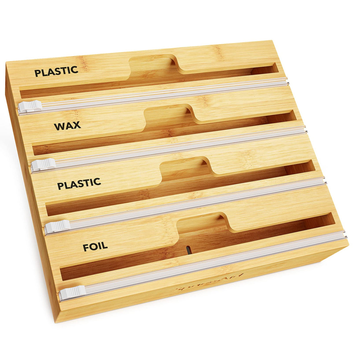 SpaceAid WrapNeat 4-in-1 box closeup with built-in cutter for clean cuts