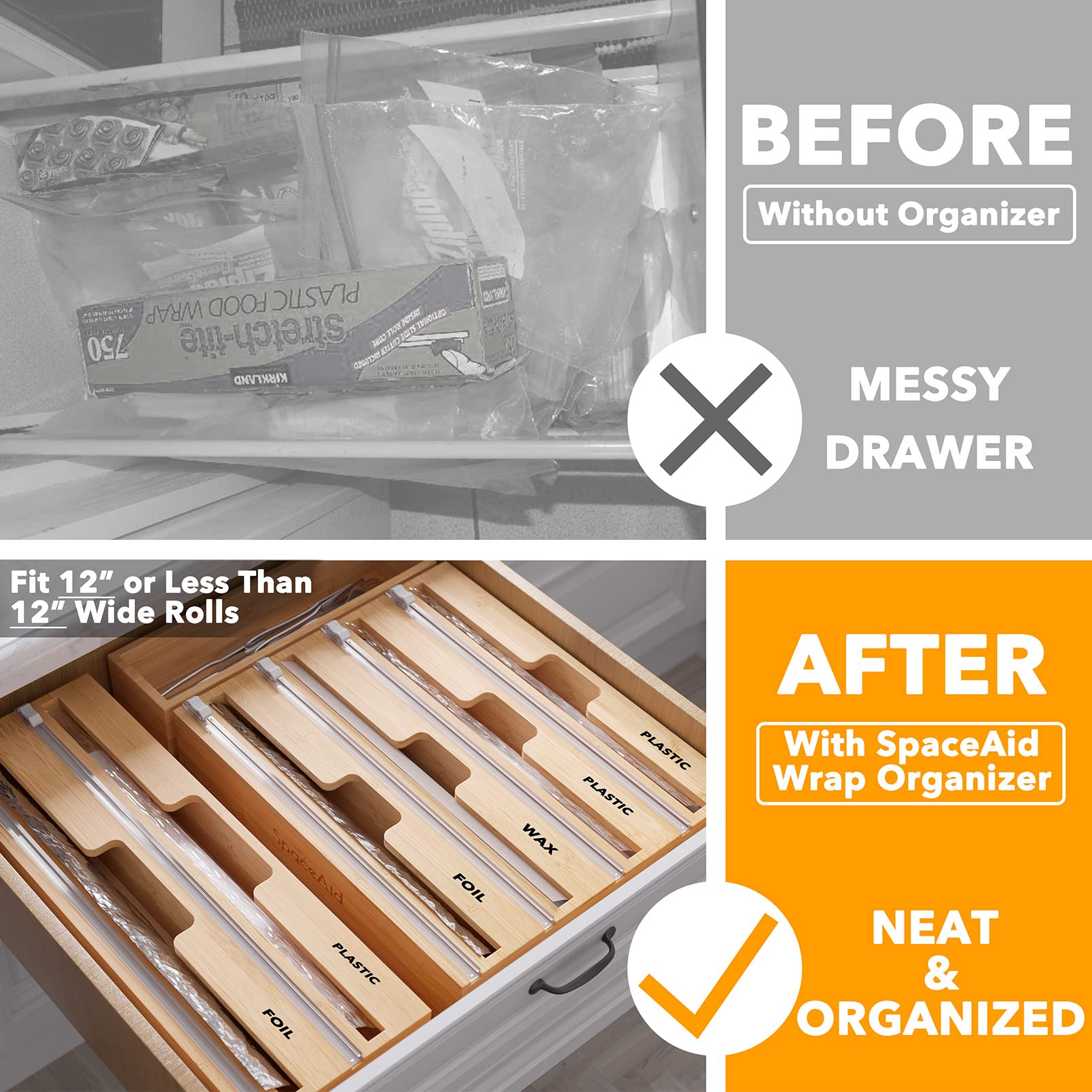SpaceAid WrapNeat 4-in-1 drawer storage showing organized kitchen drawer