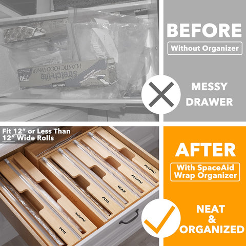 SpaceAid WrapNeat 4-in-1 drawer storage showing organized kitchen drawer