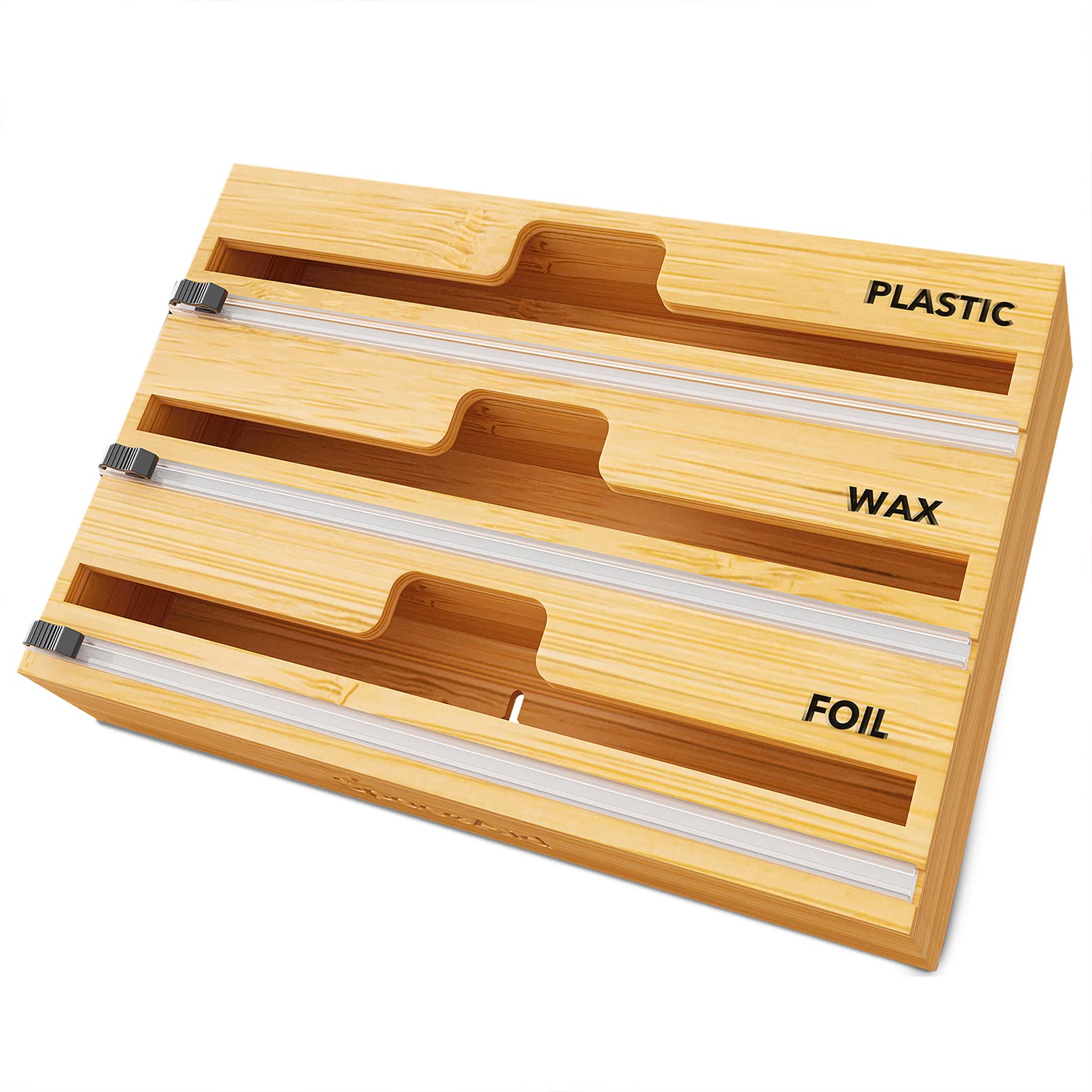 SpaceAid WrapNeat bamboo dispenser keeps plastic wrap neatly organized and easy to grab.