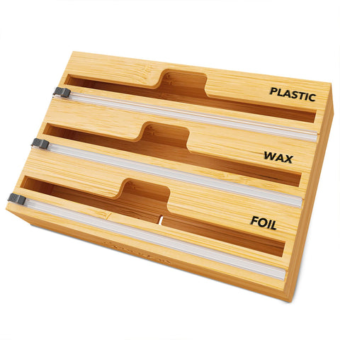 SpaceAid WrapNeat bamboo dispenser keeps plastic wrap neatly organized and easy to grab.