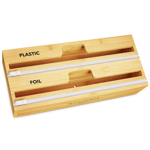 SpaceAid WrapNeat bamboo dispenser keeping plastic wrap neatly organized for easy use