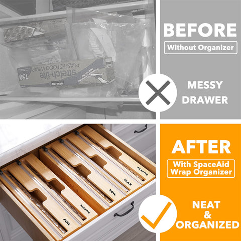 SpaceAid WrapNeat cutter slot dispenses clean cuts for plastic wrap every time.