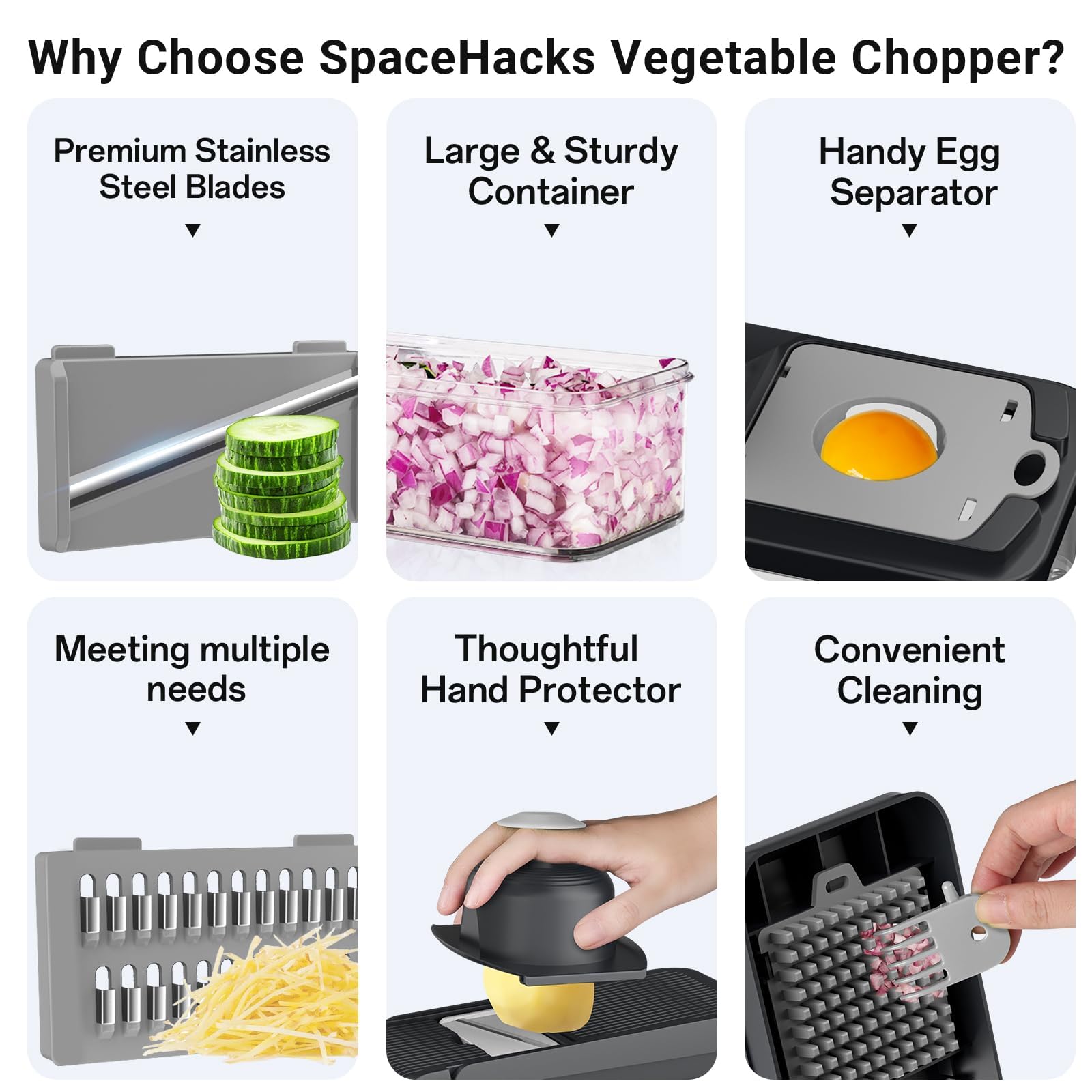 SpaceHacks 12-in-1 chopper slices cucumbers for salads and garnishes.