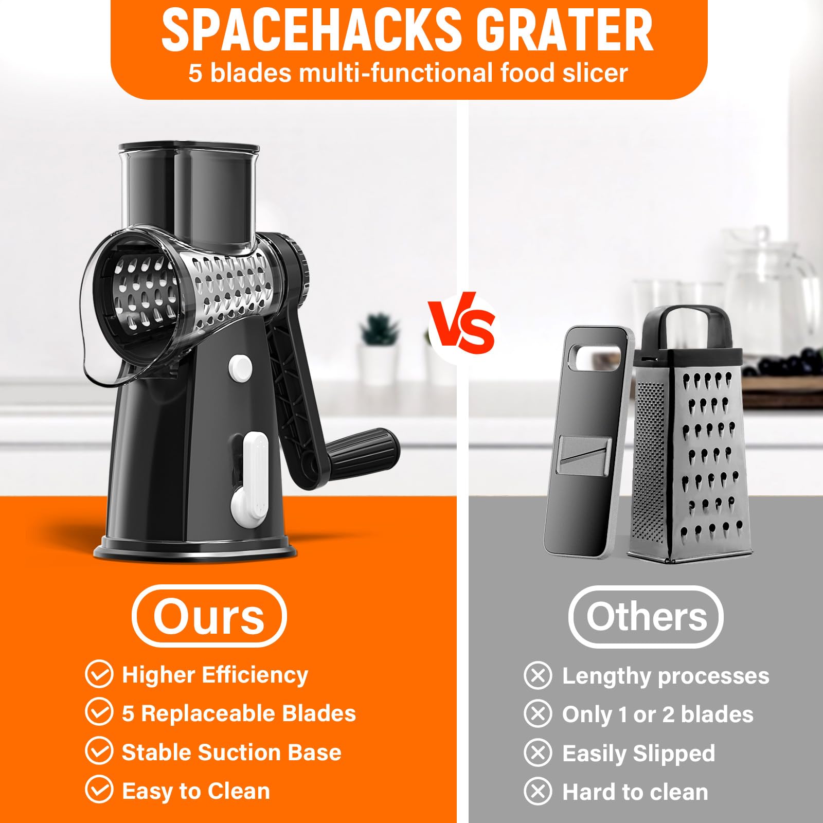 SpaceHacks safety hand guard keeps fingers clear during quick shredding.