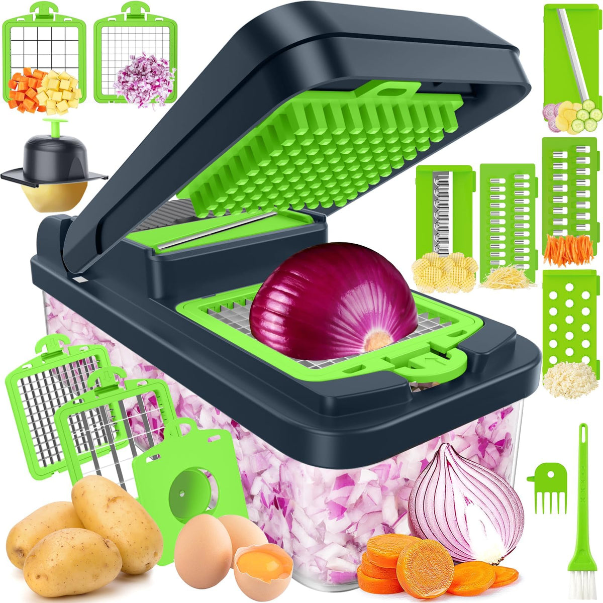 SpaceHacks 12-in-1 chopper blades enable precise dicing for quick meal prep.
