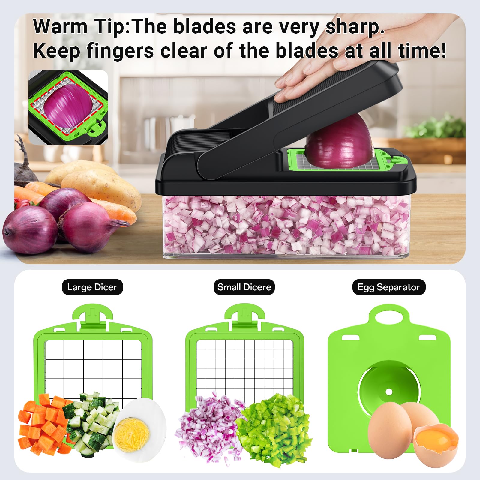 SpaceHacks interchangeable blades enable slicing, shredding, and julienning.