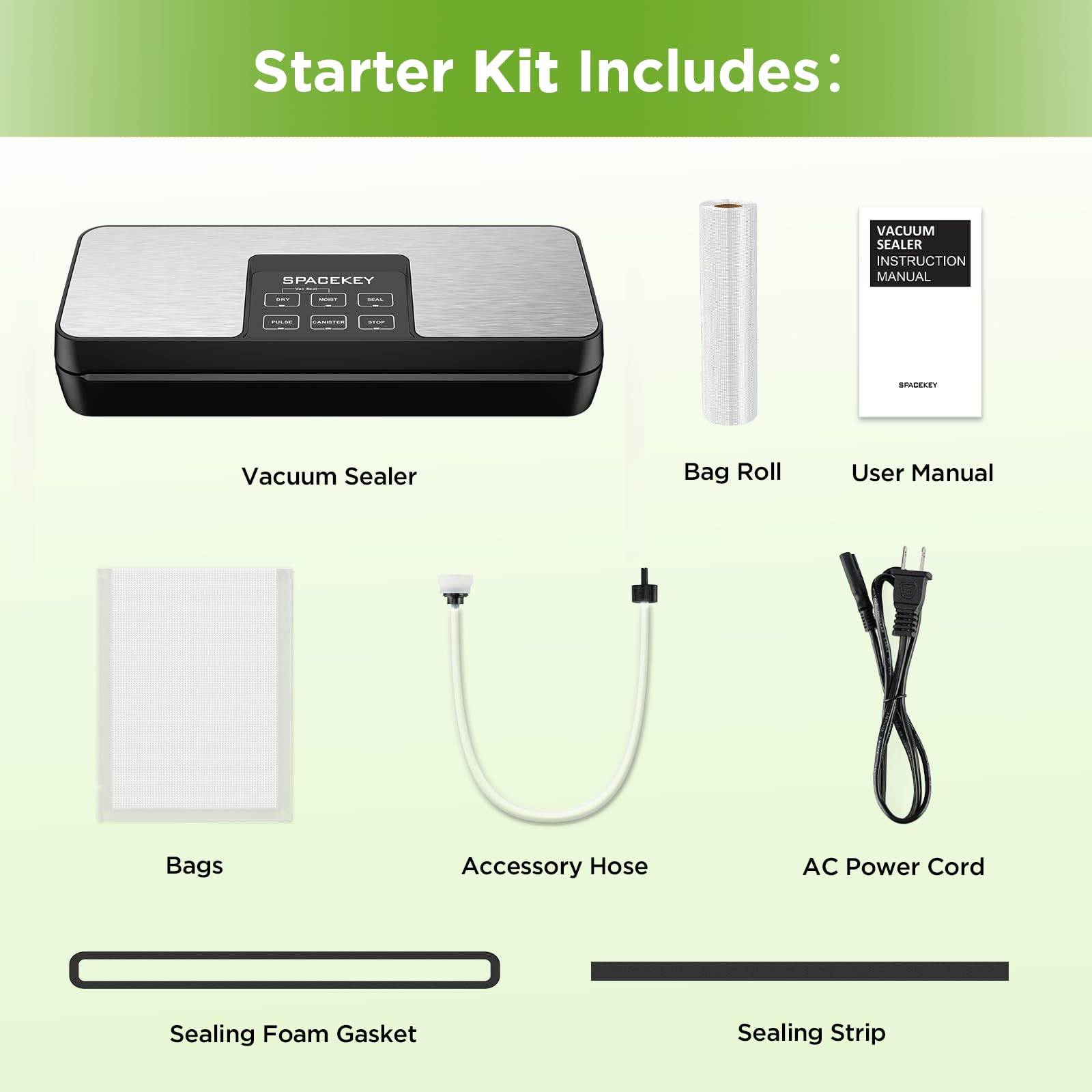 Spacekey vacuum sealer accessories image shows hose and cord for hassle-free setup