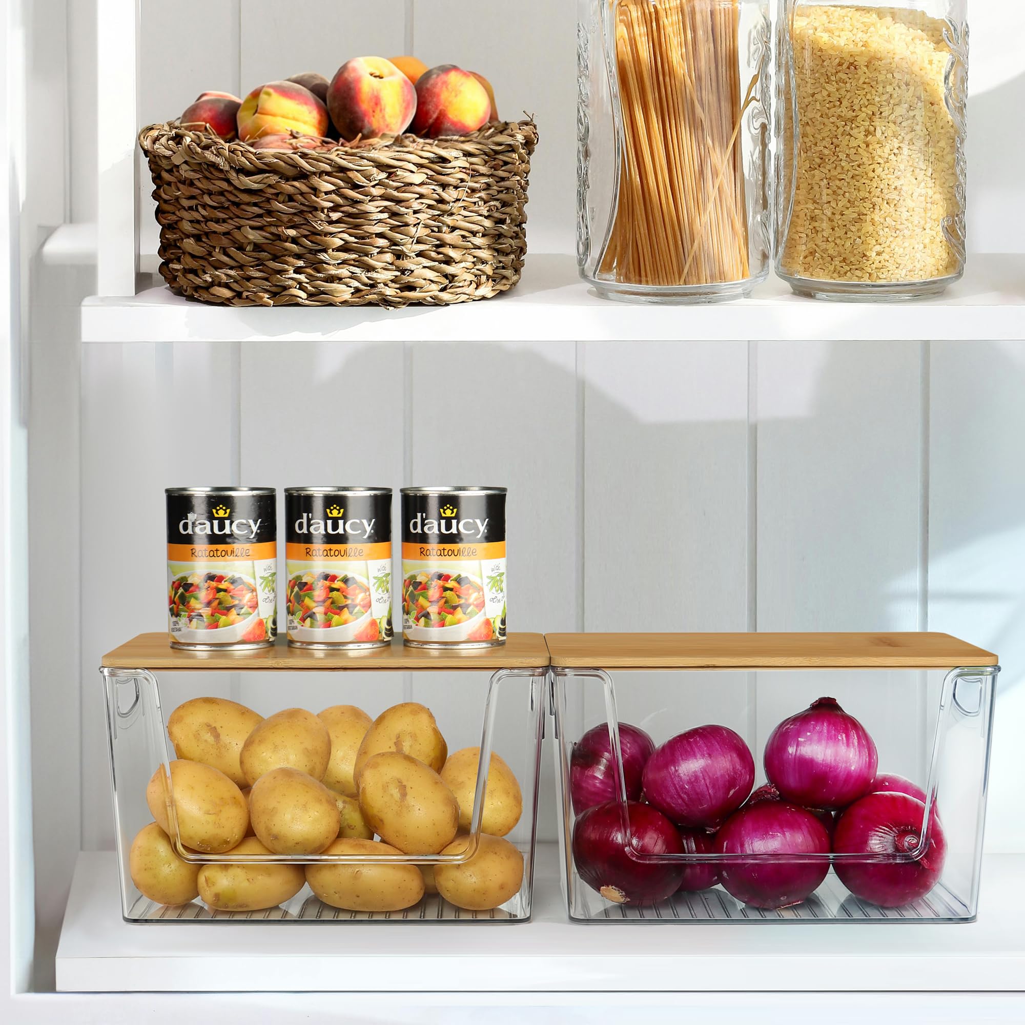 Spacemart bamboo lid front-opening design blends with natural pantry decor